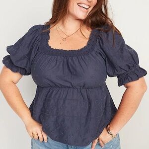Women's Navy Blue Puff-Sleeve Smocked Embroidered Top